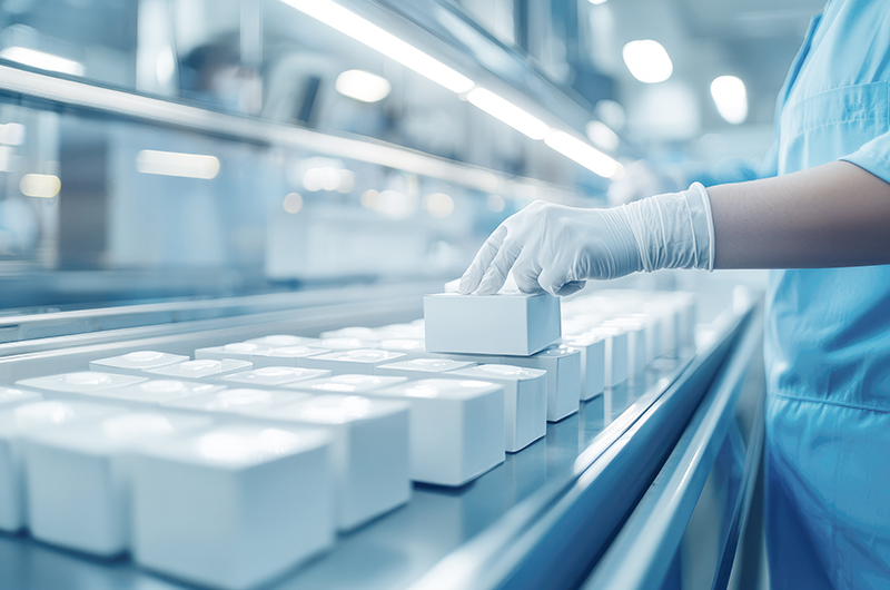 A pharmaceutical packaging line with a worker closely monitoring the sealing of medical boxes under strict hygiene protocols.
