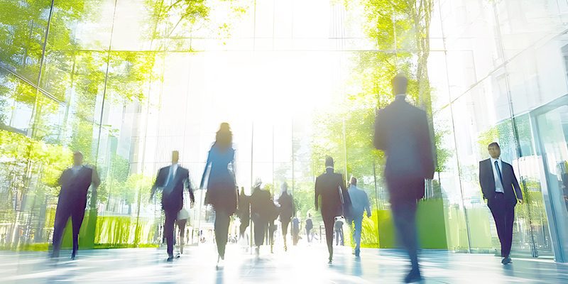 The concept of sustainability in business centers, crowds of bus